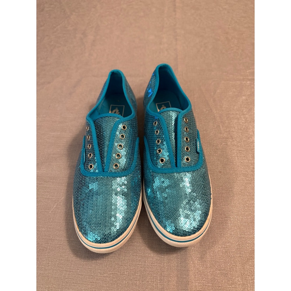Vans Authentic Lo Pro Turquoise Blue Sequin Sneakers‎ Womens 9.5 Mens 8 Low Top